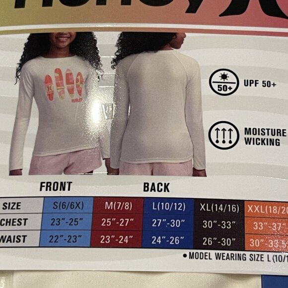 Hurley Girls Long Sleeve UPF Swim Top. Size Large (10-12). New.H20-DRI technol - Picture 3 of 4